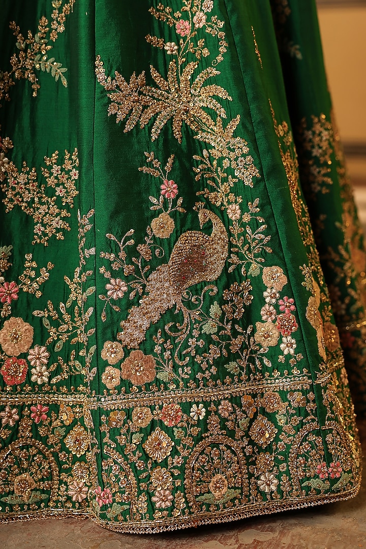 Green Chiniya Silk Applique & Zardosi Embroidered Bridal Lehenga Set by Niti Bothra at Pernia's Pop Up Shop