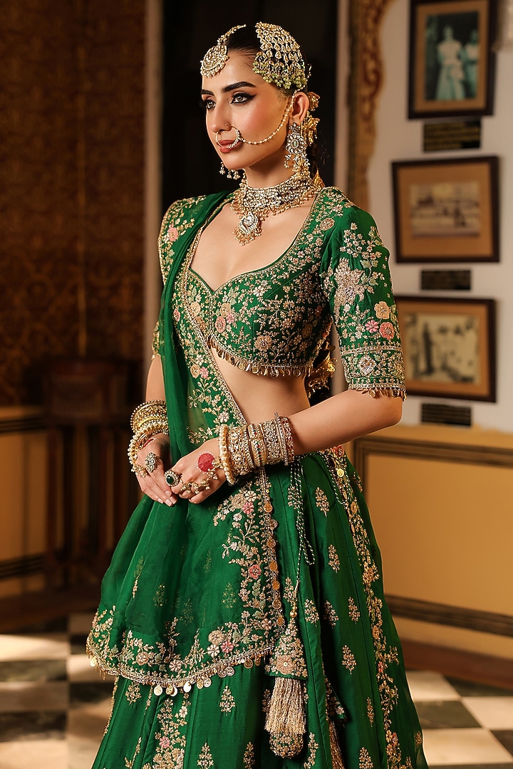 Green Chiniya Silk Applique & Zardosi Embroidered Bridal Lehenga Set by Niti Bothra at Pernia's Pop Up Shop