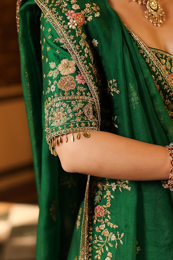 Green Chiniya Silk Applique & Zardosi Embroidered Bridal Lehenga Set by Niti Bothra at Pernia's Pop Up Shop