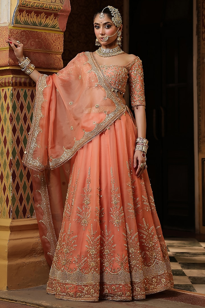 Peach Organza Pearl & Zardosi Embroidered Bridal Lehenga Set by Niti Bothra at Pernia's Pop Up Shop