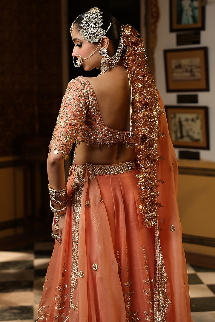 Peach Organza Pearl & Zardosi Embroidered Bridal Lehenga Set by Niti Bothra at Pernia's Pop Up Shop