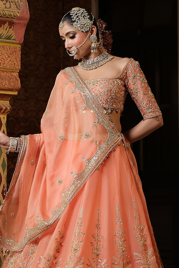 Peach Organza Pearl & Zardosi Embroidered Bridal Lehenga Set by Niti Bothra at Pernia's Pop Up Shop