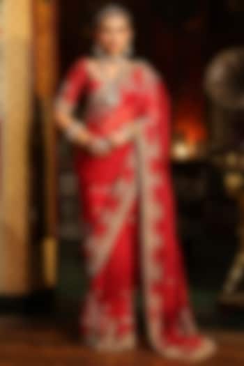 Red Organza Zardosi Embroidered Reception Saree Set by Niti Bothra at Pernia's Pop Up Shop