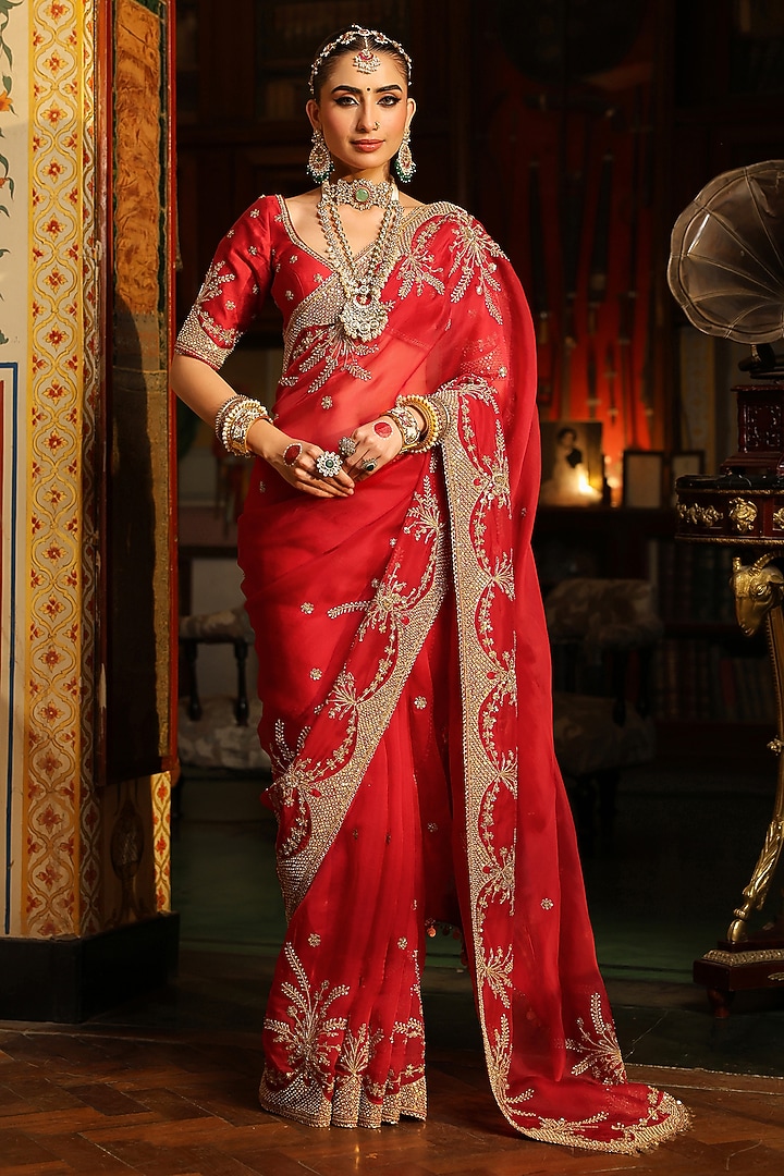 Red Organza Zardosi Embroidered Reception Saree Set by Niti Bothra at Pernia's Pop Up Shop