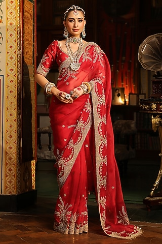 Red Organza Zardosi Embroidered Saree Set by Niti Bothra