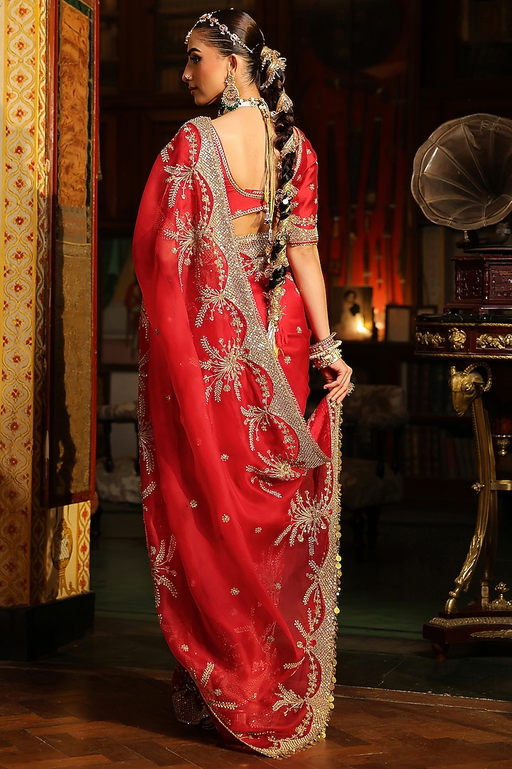 Red Organza Zardosi Embroidered Reception Saree Set by Niti Bothra at Pernia's Pop Up Shop