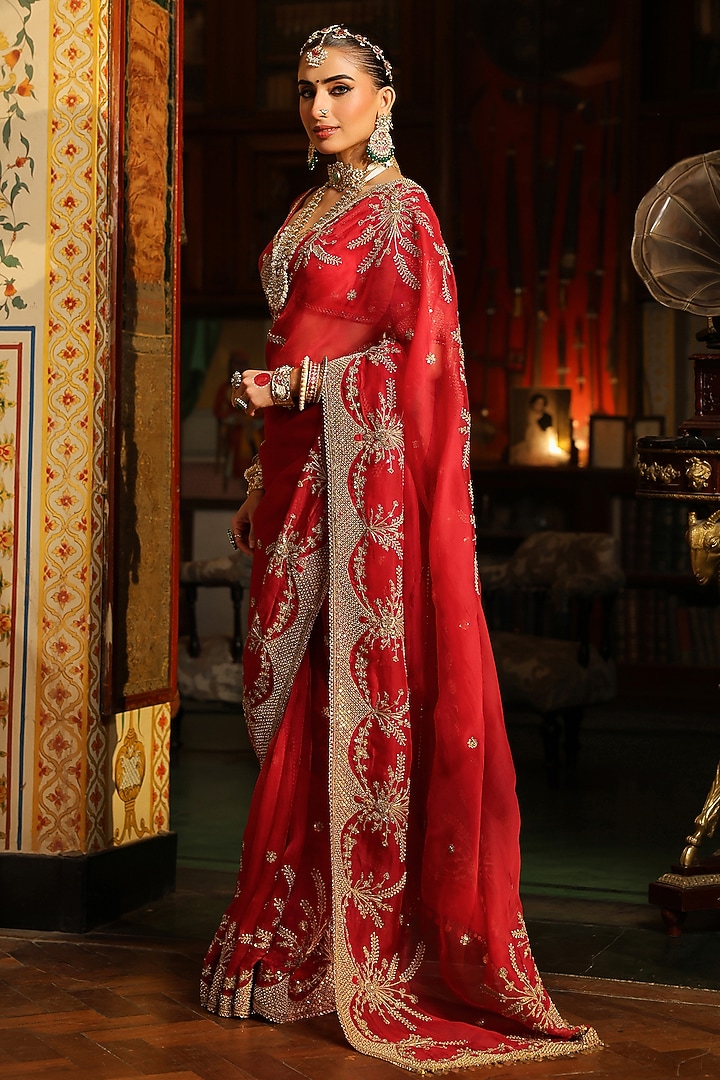 Red Organza Zardosi Embroidered Reception Saree Set by Niti Bothra at Pernia's Pop Up Shop