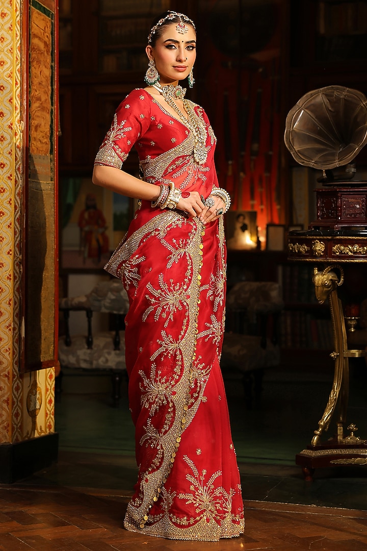 Red Organza Zardosi Embroidered Reception Saree Set by Niti Bothra at Pernia's Pop Up Shop