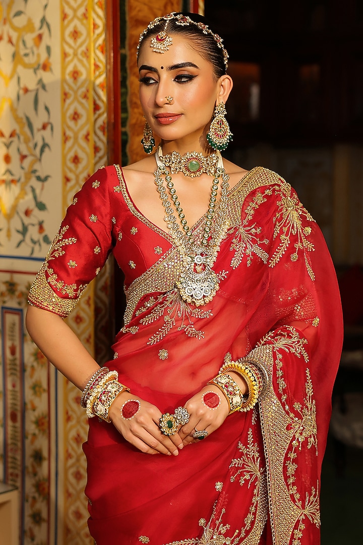 Red Organza Zardosi Embroidered Reception Saree Set by Niti Bothra at Pernia's Pop Up Shop