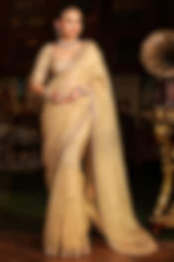 Ivory Organza Zardosi Embroidered Reception Saree Set by Niti Bothra at Pernia's Pop Up Shop