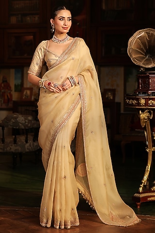 Ivory Organza Zardosi Embroidered Saree Set by Niti Bothra