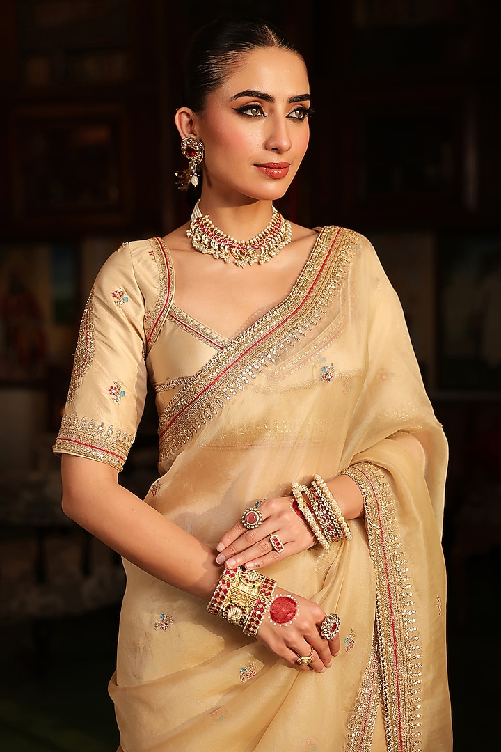 Ivory Organza Zardosi Embroidered Reception Saree Set by Niti Bothra at Pernia's Pop Up Shop