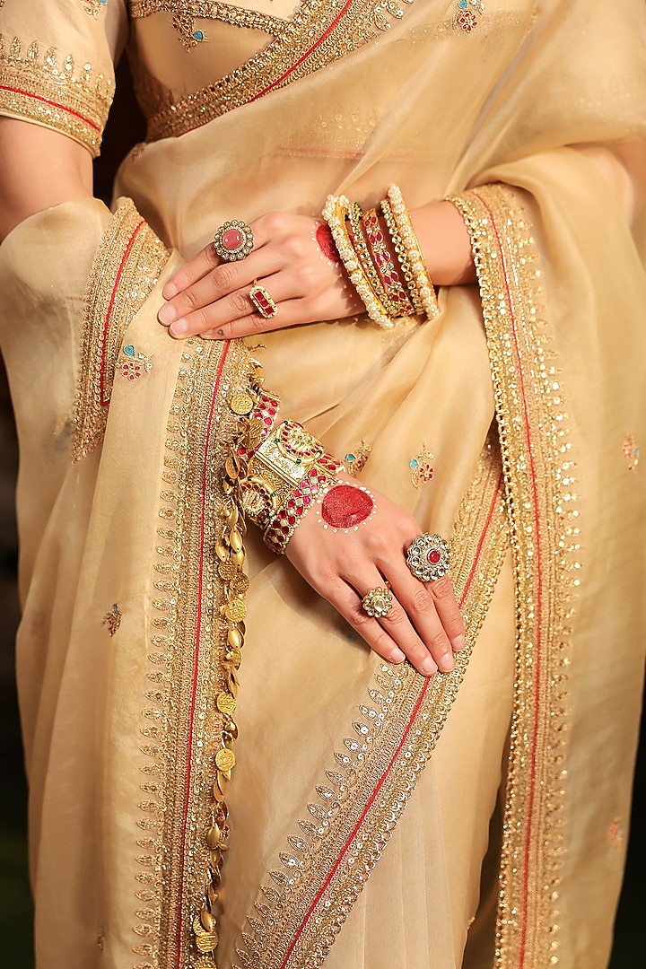 Ivory Organza Zardosi Embroidered Reception Saree Set by Niti Bothra at Pernia's Pop Up Shop