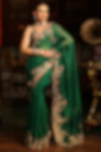 Green Organza Zardosi Embroidered Reception Saree Set by Niti Bothra at Pernia's Pop Up Shop