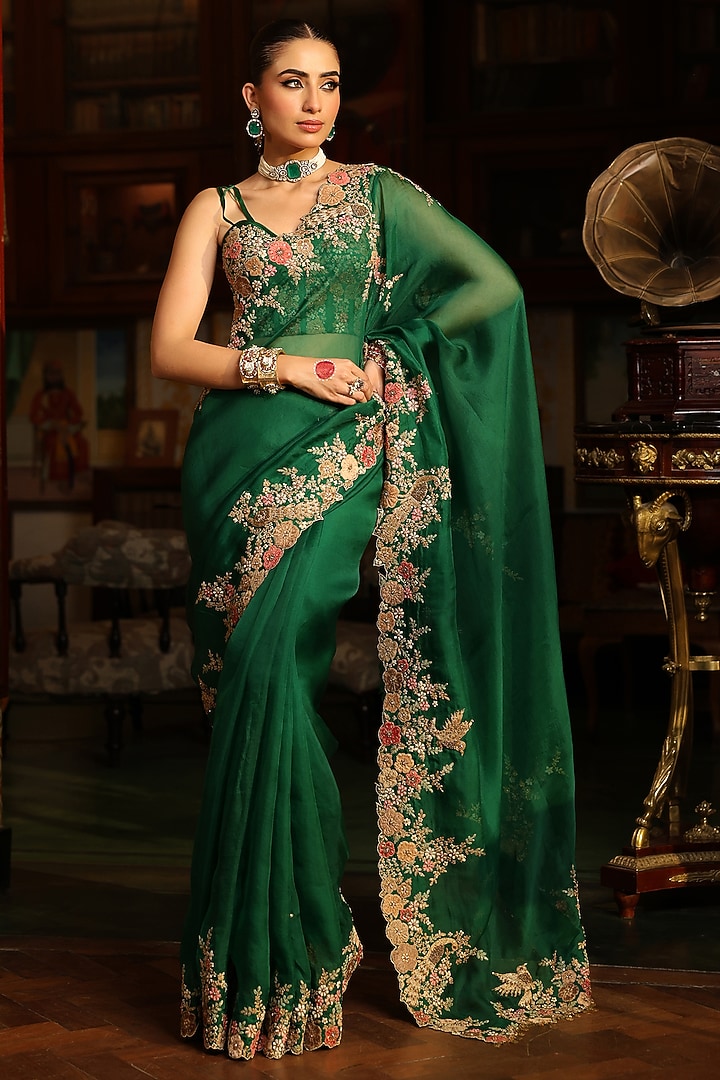 Green Organza Zardosi Embroidered Reception Saree Set by Niti Bothra at Pernia's Pop Up Shop