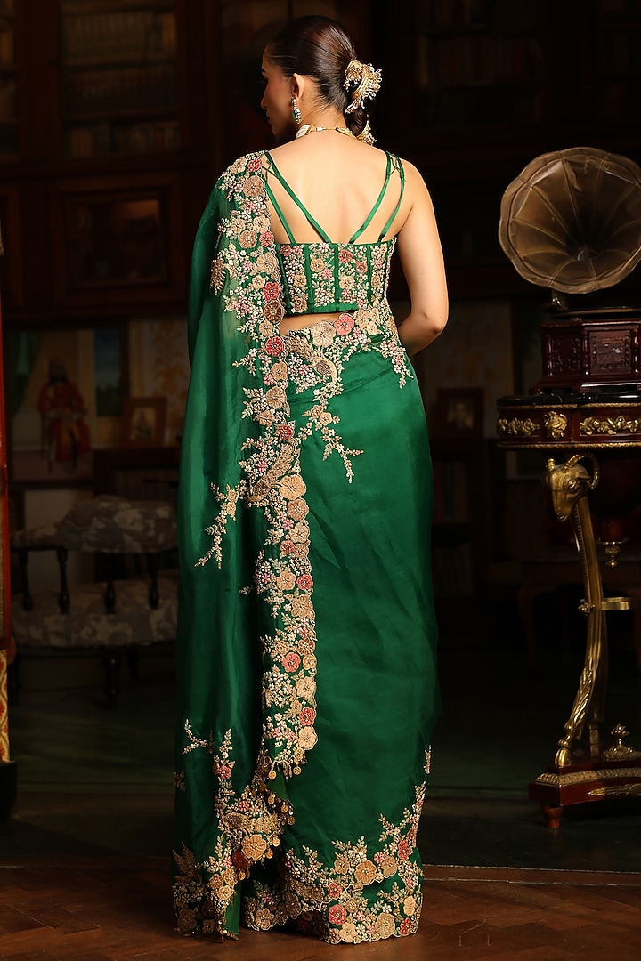 Green Organza Zardosi Embroidered Reception Saree Set by Niti Bothra at Pernia's Pop Up Shop