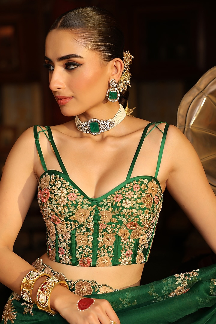 Green Organza Zardosi Embroidered Reception Saree Set by Niti Bothra at Pernia's Pop Up Shop