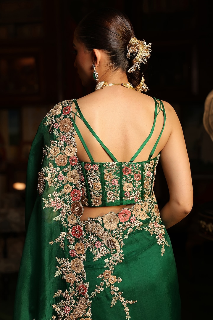 Green Organza Zardosi Embroidered Reception Saree Set by Niti Bothra at Pernia's Pop Up Shop
