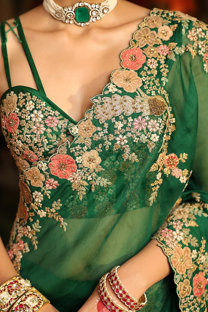 Green Organza Zardosi Embroidered Reception Saree Set by Niti Bothra at Pernia's Pop Up Shop