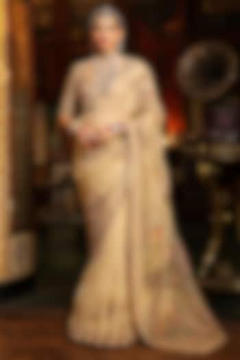 Ivory Organza Zardosi Embroidered Reception Saree Set by Niti Bothra at Pernia's Pop Up Shop