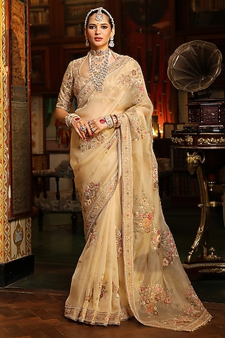 Ivory Organza Zardosi Embroidered Saree Set by Niti Bothra
