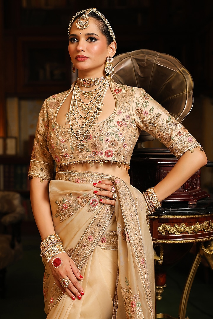 Ivory Organza Zardosi Embroidered Reception Saree Set by Niti Bothra at Pernia's Pop Up Shop