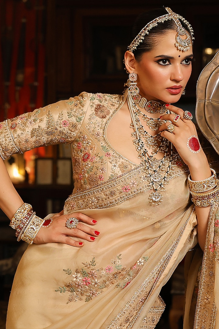 Ivory Organza Zardosi Embroidered Reception Saree Set by Niti Bothra at Pernia's Pop Up Shop
