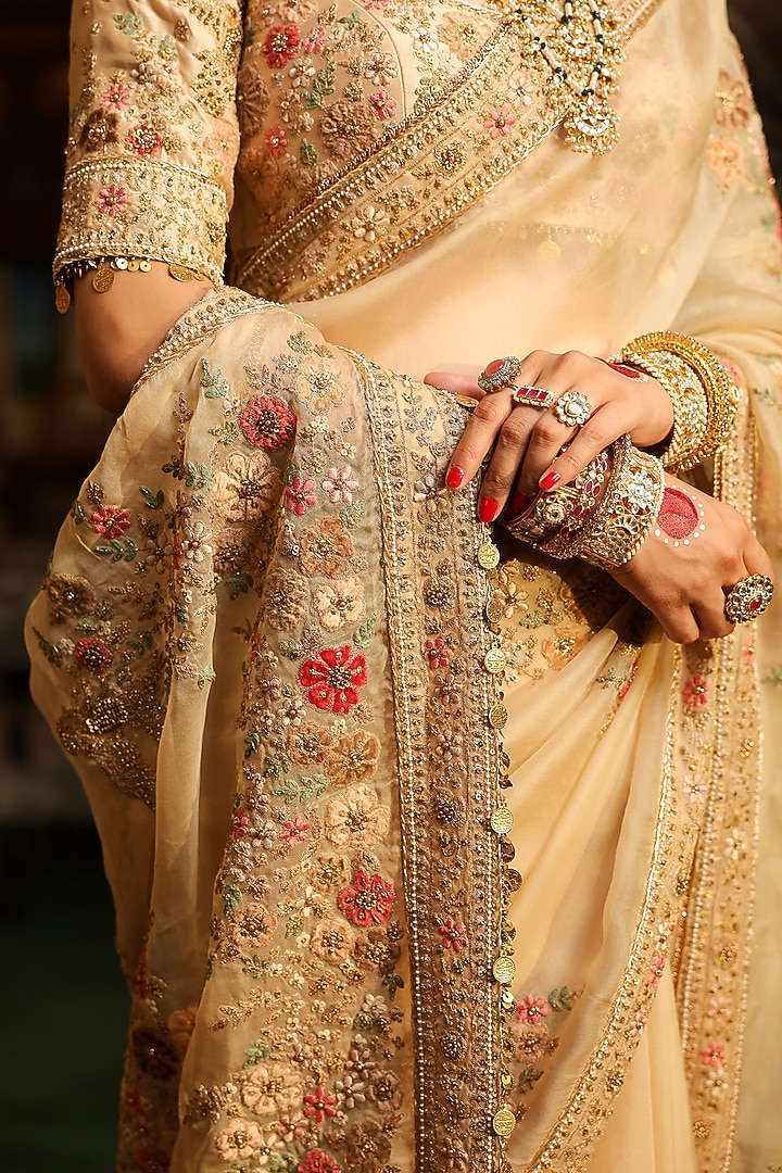 Ivory Organza Zardosi Embroidered Reception Saree Set by Niti Bothra at Pernia's Pop Up Shop