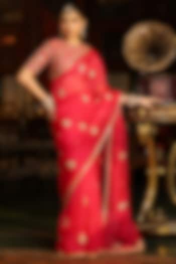 Dark Pink Organza Zardosi Embroidered Wedding Saree Set by Niti Bothra at Pernia's Pop Up Shop