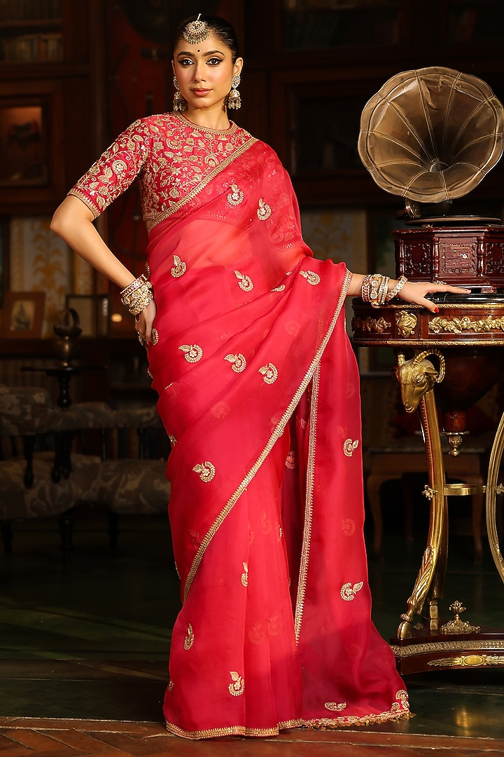 Dark Pink Organza Zardosi Embroidered Wedding Saree Set by Niti Bothra at Pernia's Pop Up Shop