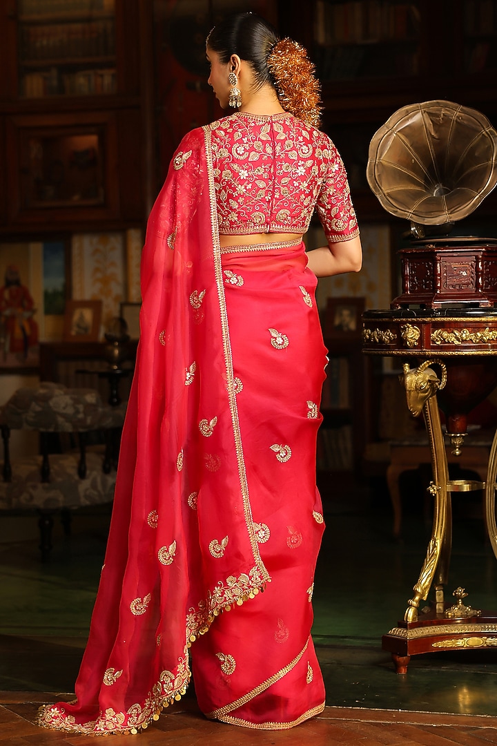 Dark Pink Organza Zardosi Embroidered Wedding Saree Set by Niti Bothra at Pernia's Pop Up Shop