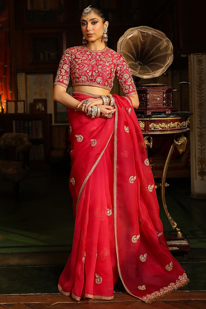 Dark Pink Organza Zardosi Embroidered Wedding Saree Set by Niti Bothra at Pernia's Pop Up Shop