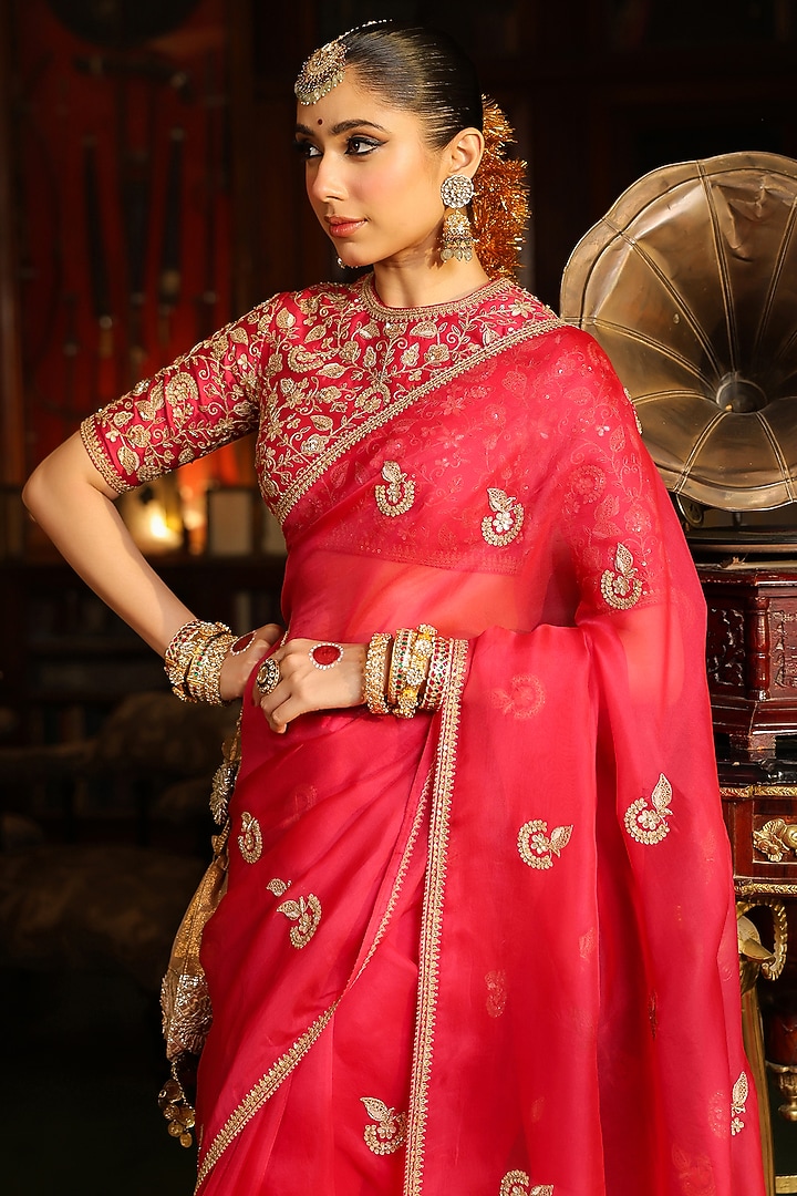Dark Pink Organza Zardosi Embroidered Wedding Saree Set by Niti Bothra at Pernia's Pop Up Shop