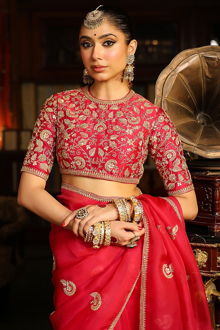 Dark Pink Organza Zardosi Embroidered Wedding Saree Set by Niti Bothra at Pernia's Pop Up Shop
