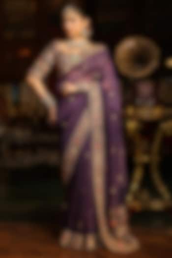 Purple Organza Zardosi Embroidered Reception Saree Set by Niti Bothra at Pernia's Pop Up Shop
