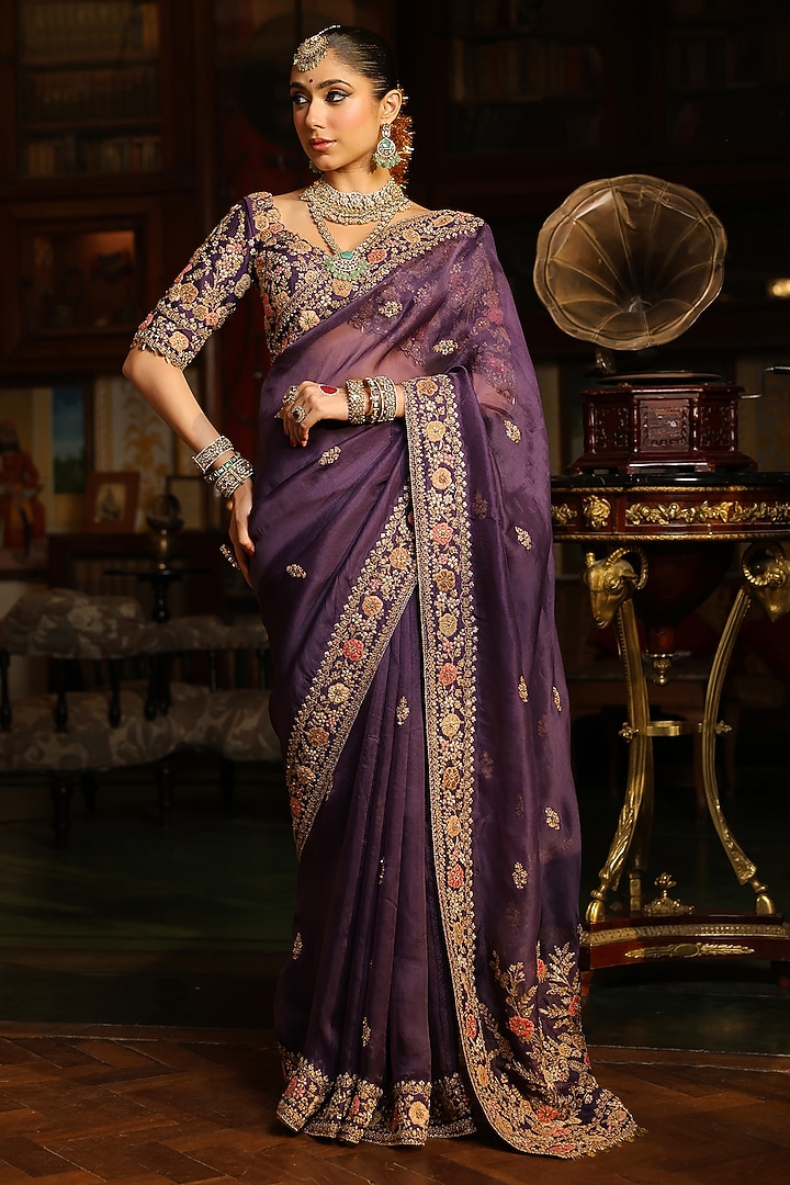 Purple Organza Zardosi Embroidered Reception Saree Set by Niti Bothra at Pernia's Pop Up Shop