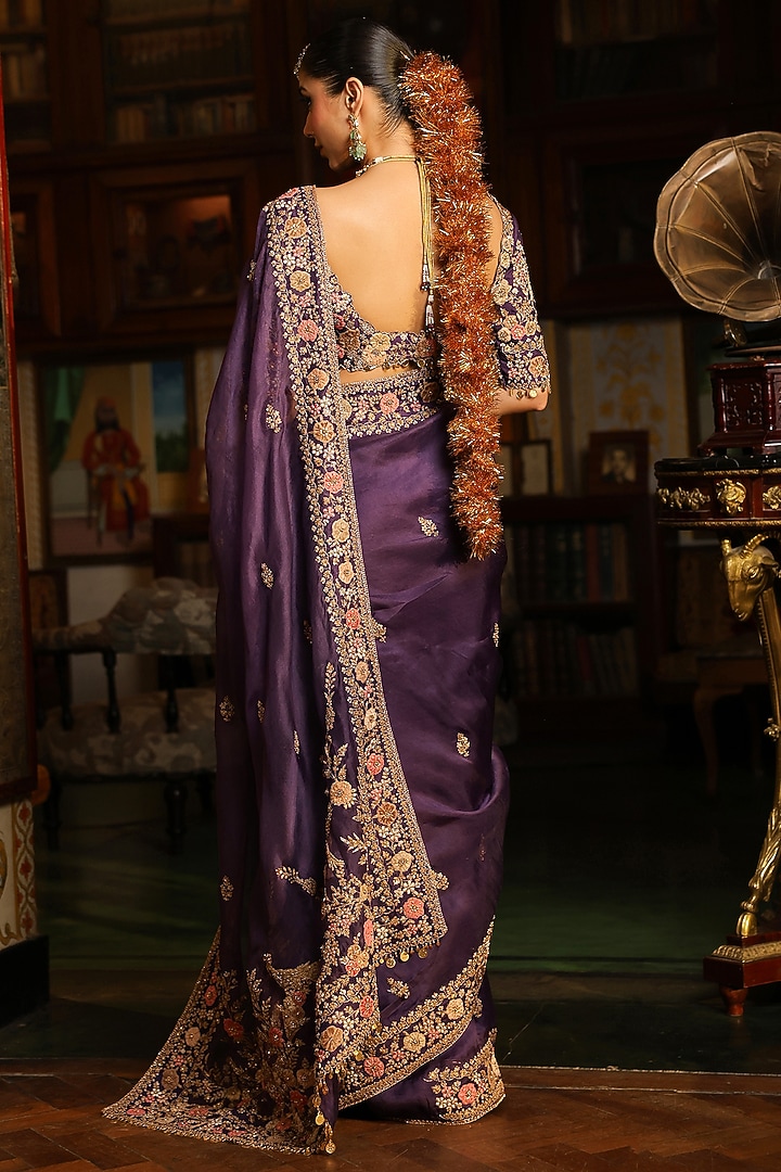 Purple Organza Zardosi Embroidered Reception Saree Set by Niti Bothra at Pernia's Pop Up Shop