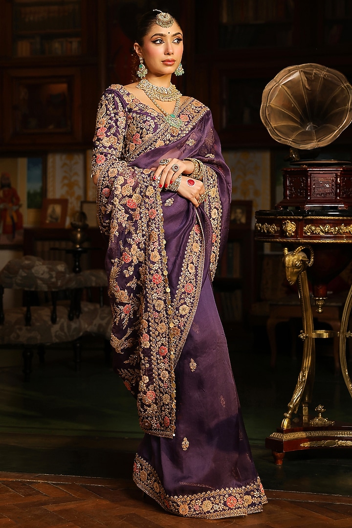 Purple Organza Zardosi Embroidered Reception Saree Set by Niti Bothra at Pernia's Pop Up Shop