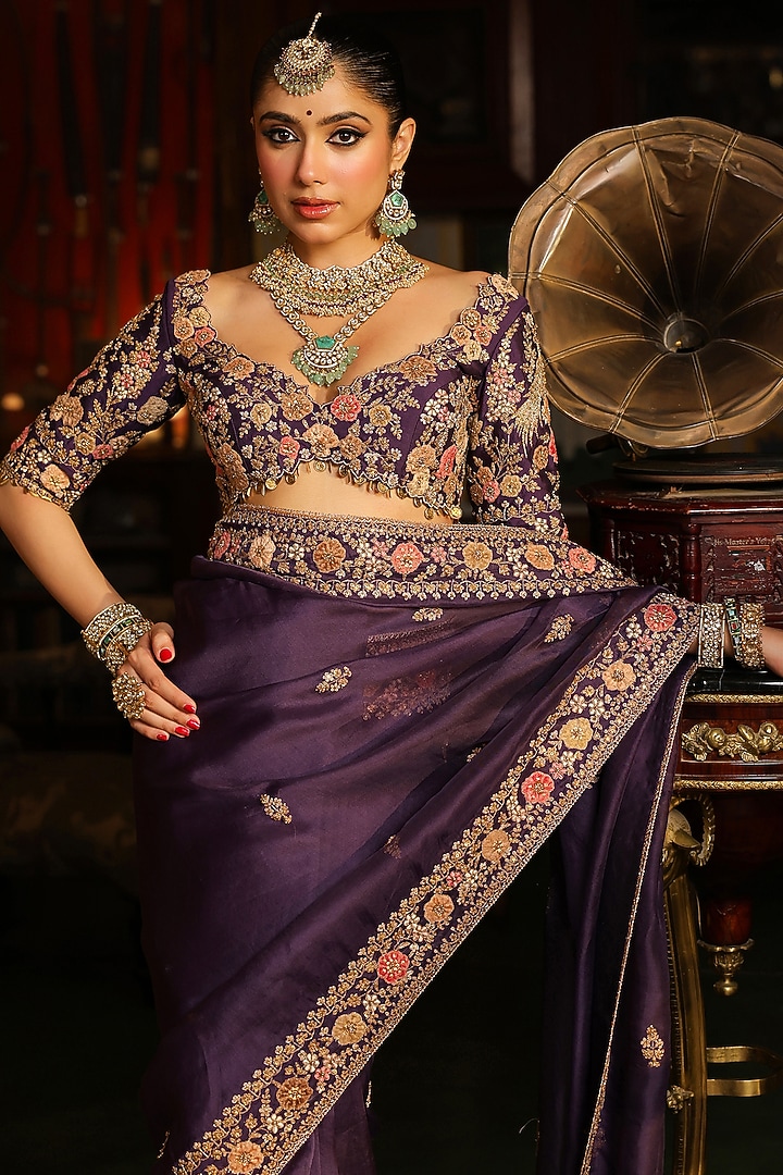 Purple Organza Zardosi Embroidered Reception Saree Set by Niti Bothra at Pernia's Pop Up Shop
