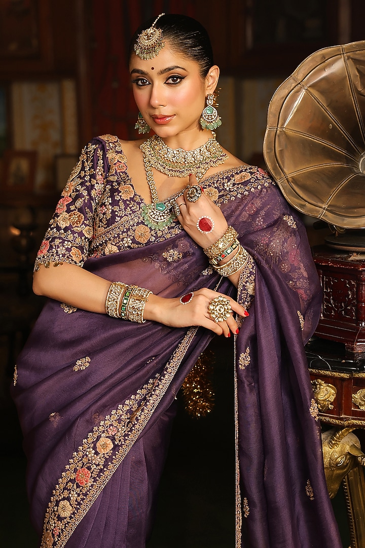 Purple Organza Zardosi Embroidered Reception Saree Set by Niti Bothra at Pernia's Pop Up Shop