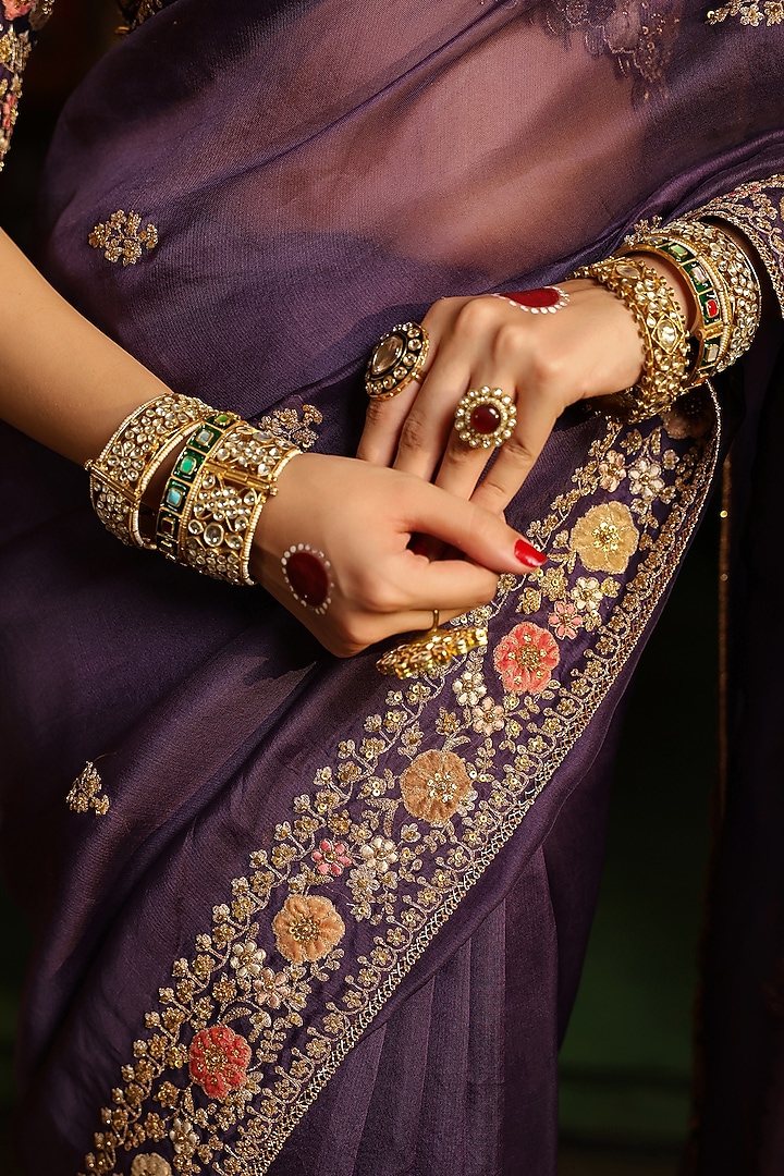 Purple Organza Zardosi Embroidered Reception Saree Set by Niti Bothra at Pernia's Pop Up Shop