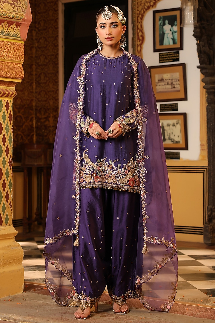 Purple Chiniya Silk Zardosi Embroidered Kurta Set by Niti Bothra at Pernia's Pop Up Shop