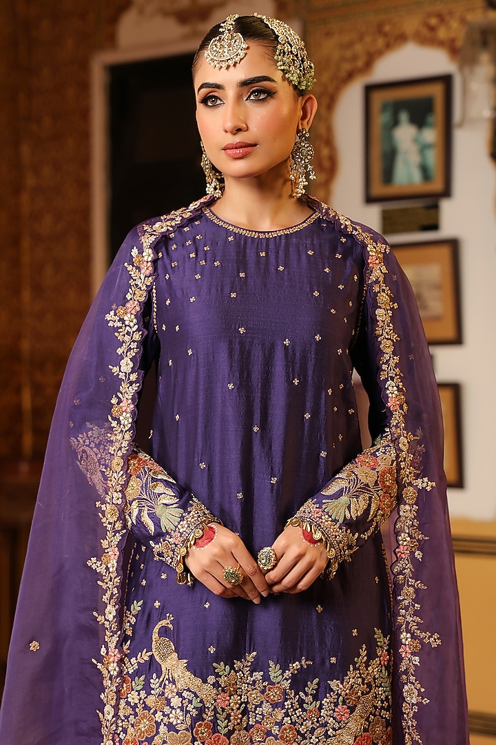 Purple Chiniya Silk Zardosi Embroidered Kurta Set by Niti Bothra at Pernia's Pop Up Shop