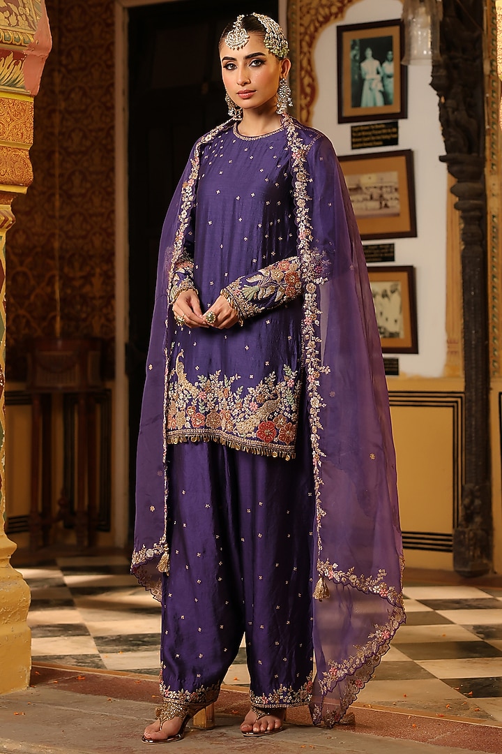 Purple Chiniya Silk Zardosi Embroidered Kurta Set by Niti Bothra at Pernia's Pop Up Shop