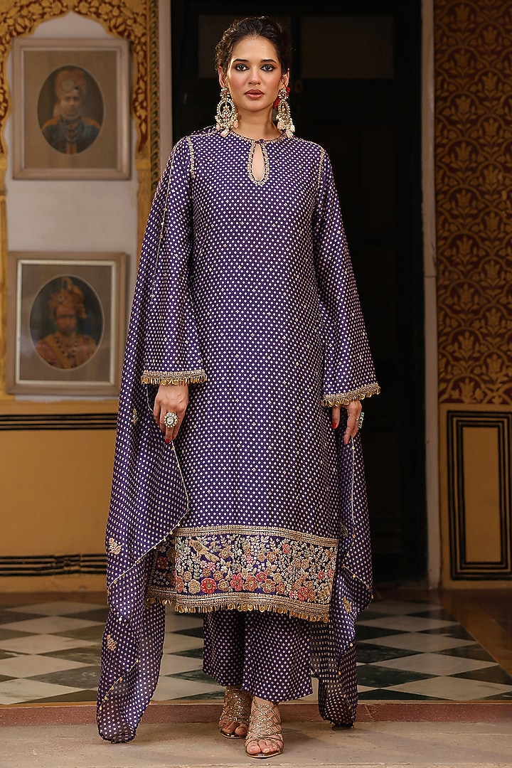 Purple Chiniya Silk Printed & Applique Embroidered Kurta Set by Niti Bothra at Pernia's Pop Up Shop