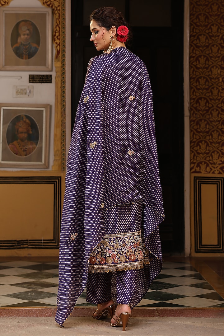 Purple Chiniya Silk Printed & Applique Embroidered Kurta Set by Niti Bothra at Pernia's Pop Up Shop