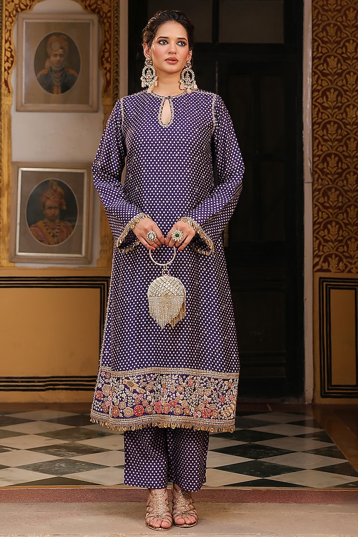 Purple Chiniya Silk Printed & Applique Embroidered Kurta Set by Niti Bothra at Pernia's Pop Up Shop