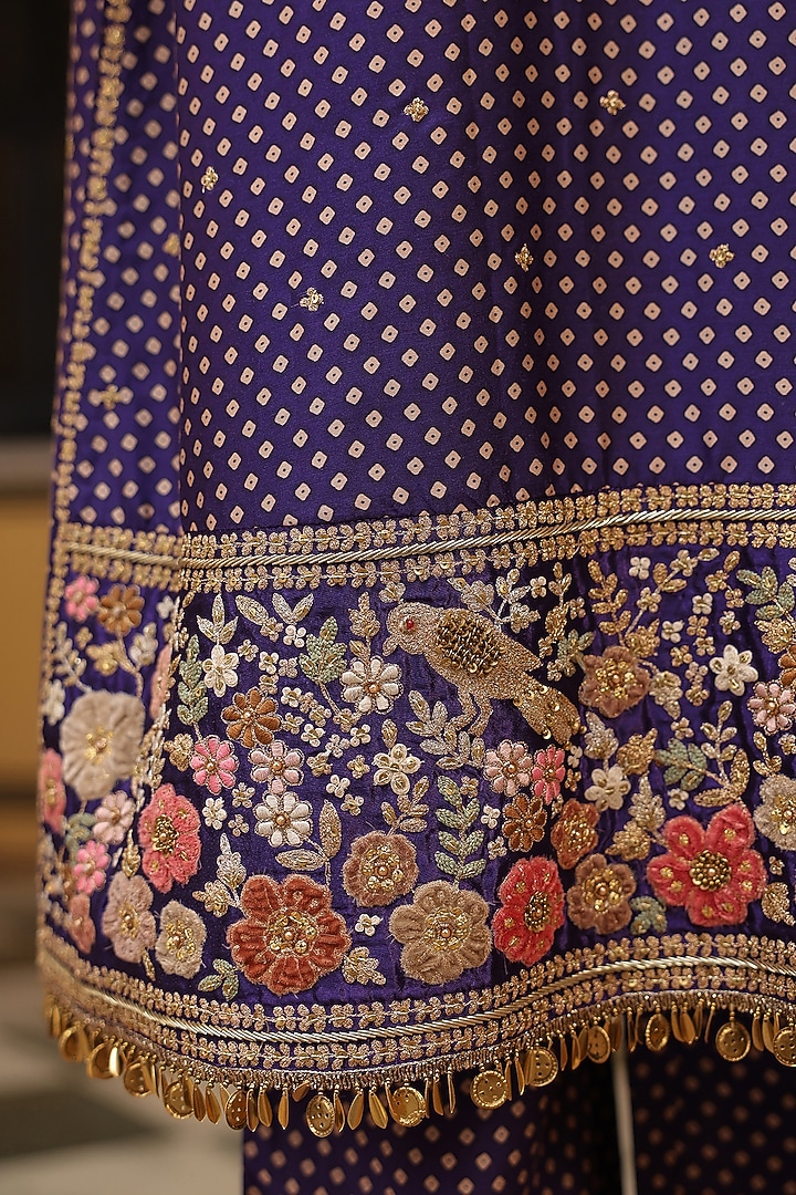Purple Chiniya Silk Printed & Applique Embroidered Kurta Set by Niti Bothra at Pernia's Pop Up Shop