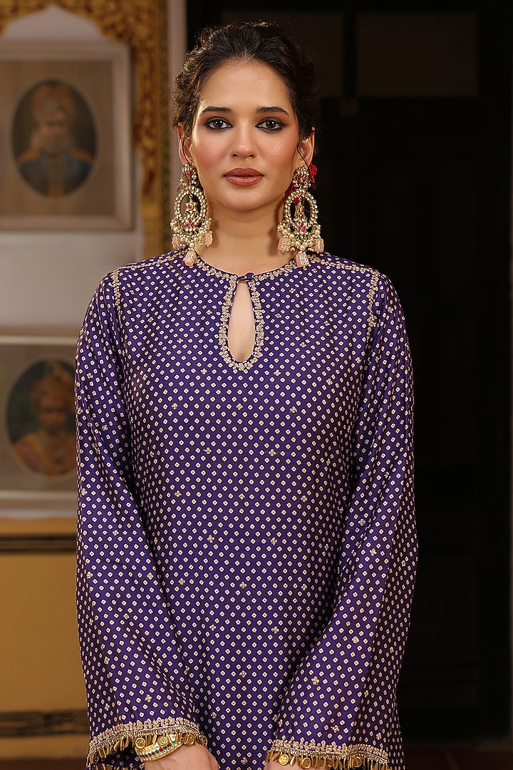 Purple Chiniya Silk Printed & Applique Embroidered Kurta Set by Niti Bothra at Pernia's Pop Up Shop