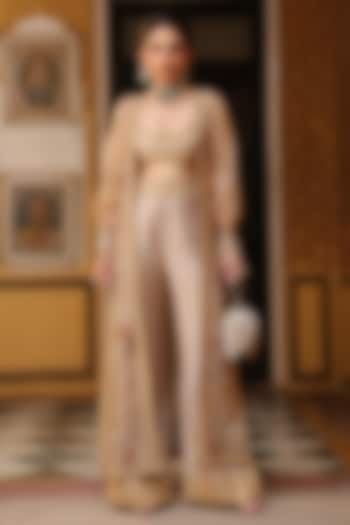 Ivory Silk Tencel Zardosi Embroidered Flared Pant Set by Niti Bothra at Pernia's Pop Up Shop